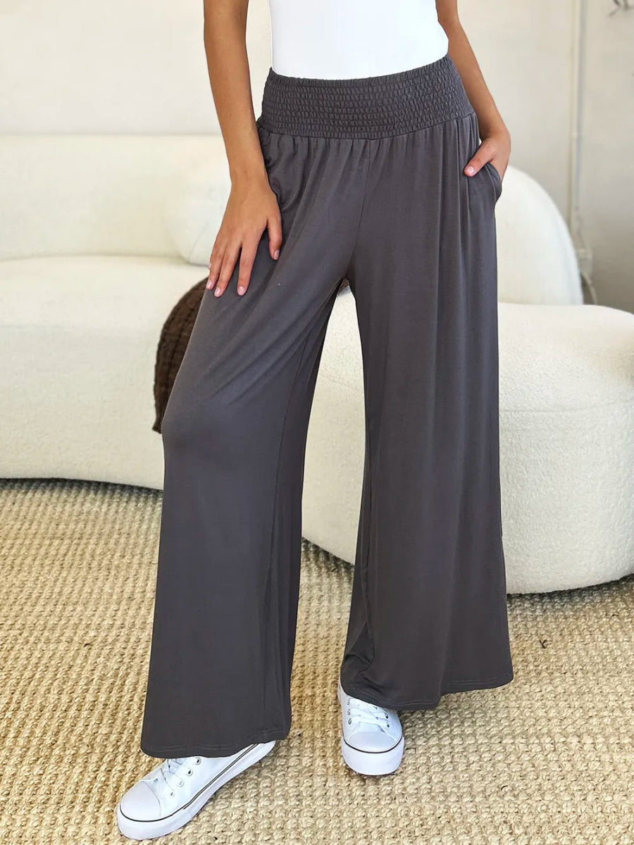High - Waisted Smocked Wide - Leg Pants for All - Day Comfort - AMVIM