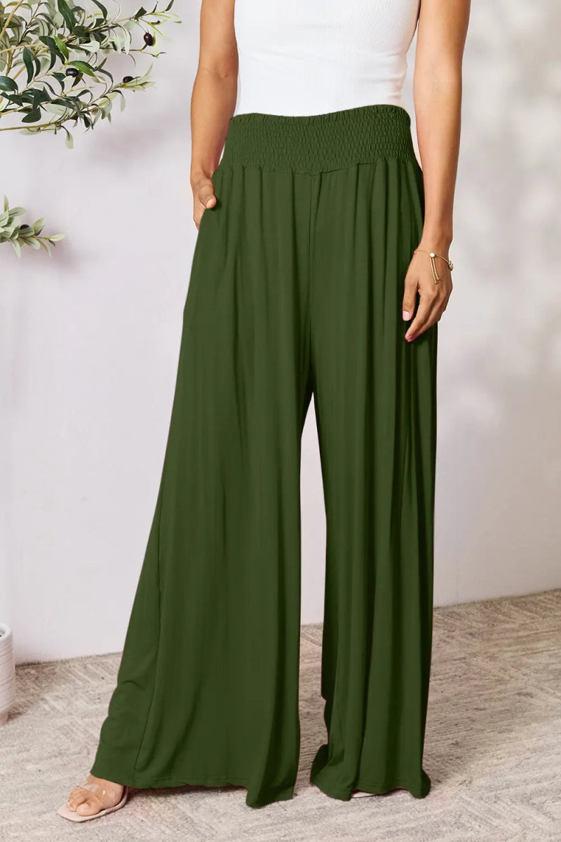 High - Waisted Smocked Wide - Leg Pants for All - Day Comfort - AMVIM