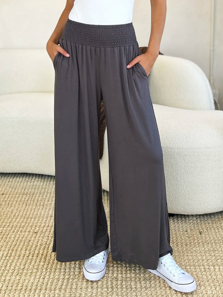 High - Waisted Smocked Wide - Leg Pants for All - Day Comfort - AMVIM