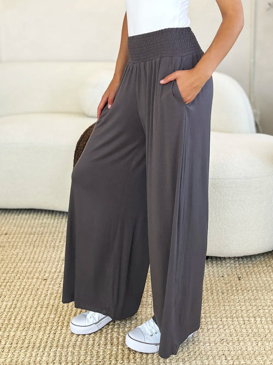 High - Waisted Smocked Wide - Leg Pants for All - Day Comfort - AMVIM