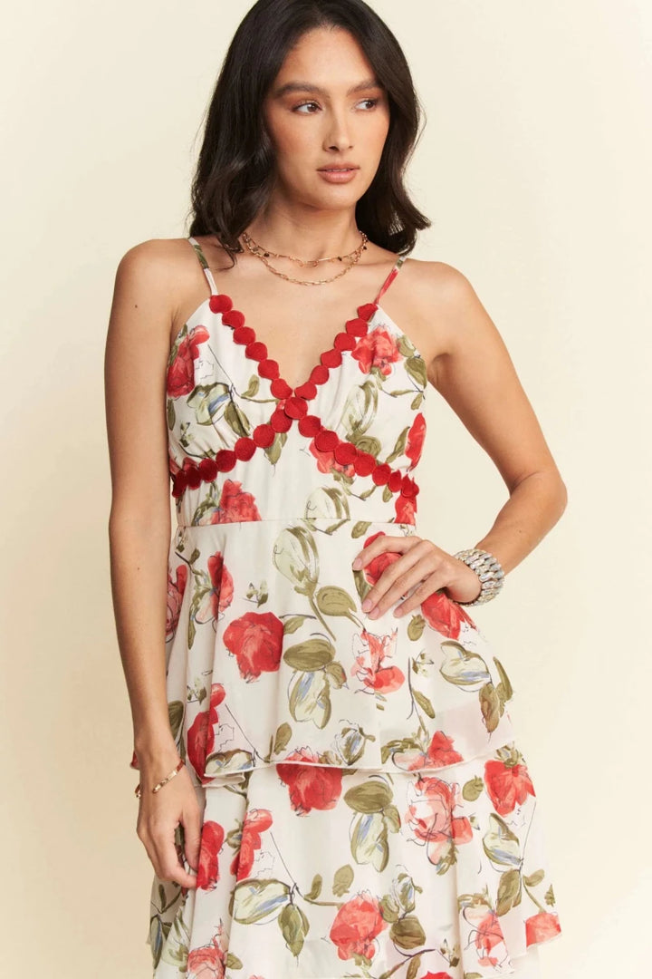Ivory Red Lace Layered Ruffle Cami Maxi Dress - Women&