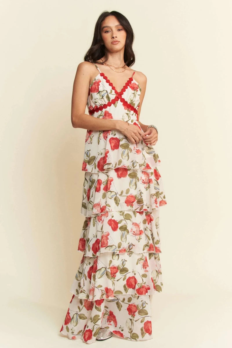 Ivory Red Lace Layered Ruffle Cami Maxi Dress - Women&