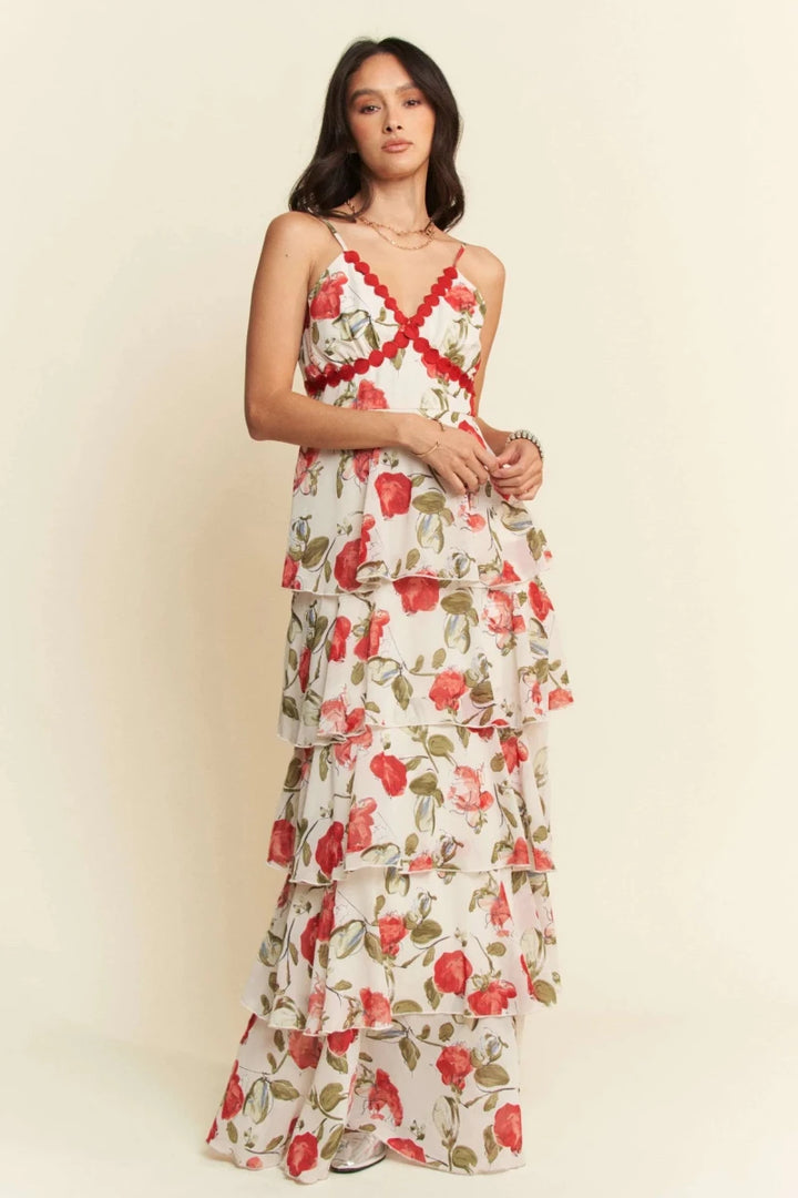 Ivory Red Lace Layered Ruffle Cami Maxi Dress - Women&