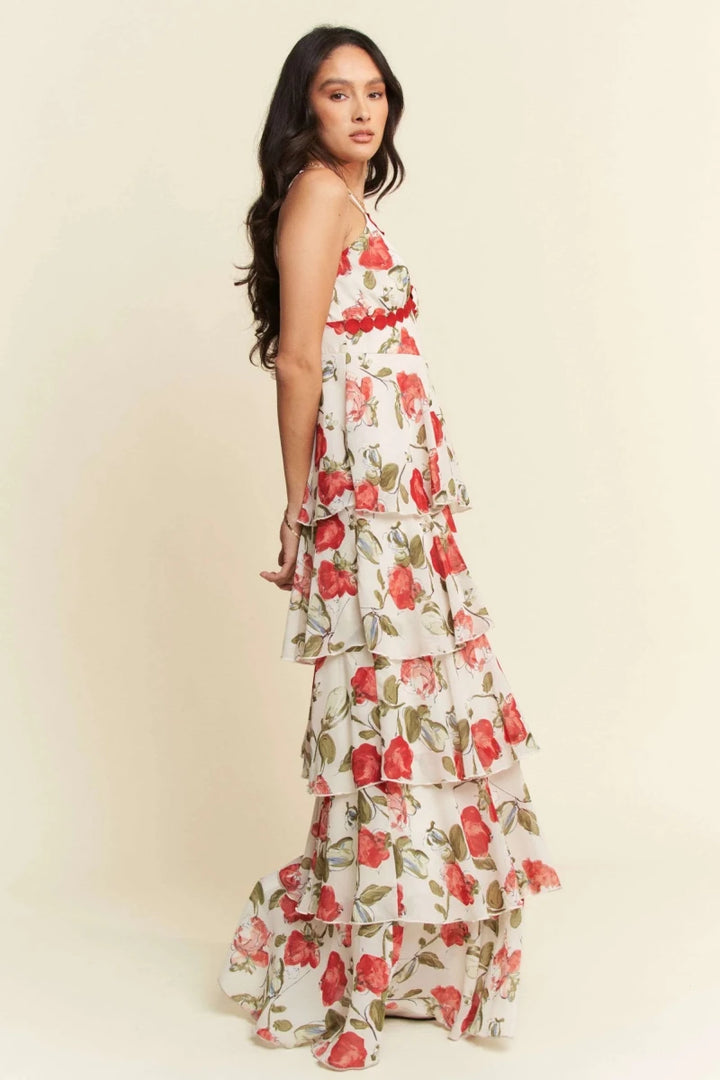 Ivory Red Lace Layered Ruffle Cami Maxi Dress - Women&