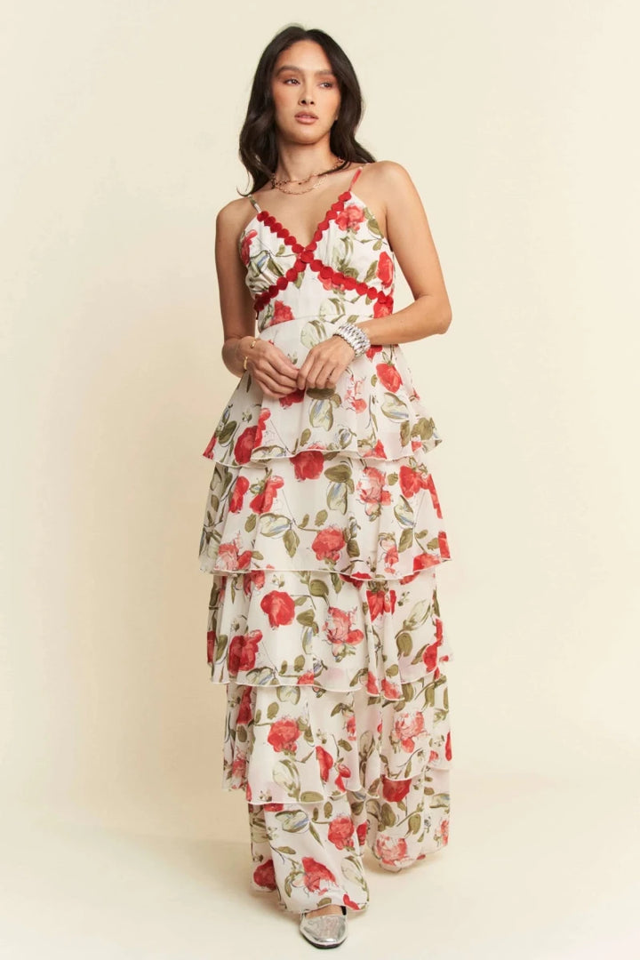 Ivory Red Lace Layered Ruffle Cami Maxi Dress - Women&