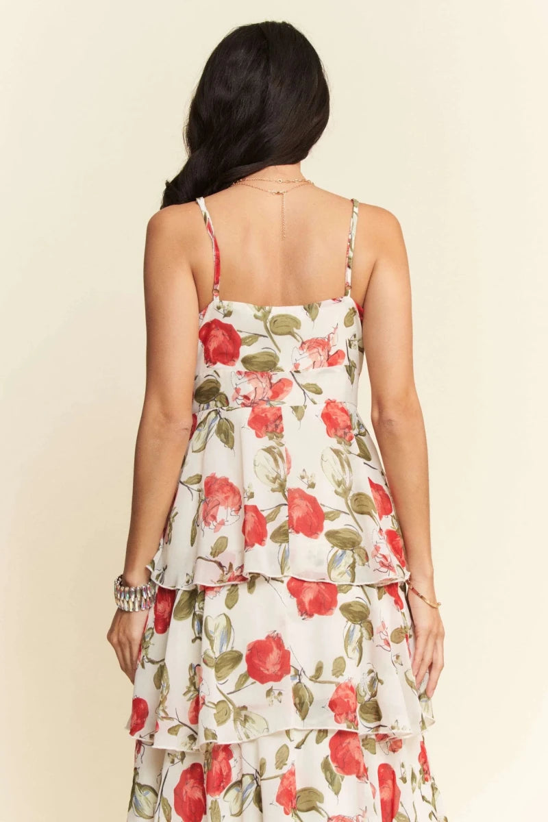 Ivory Red Lace Layered Ruffle Cami Maxi Dress - Women&