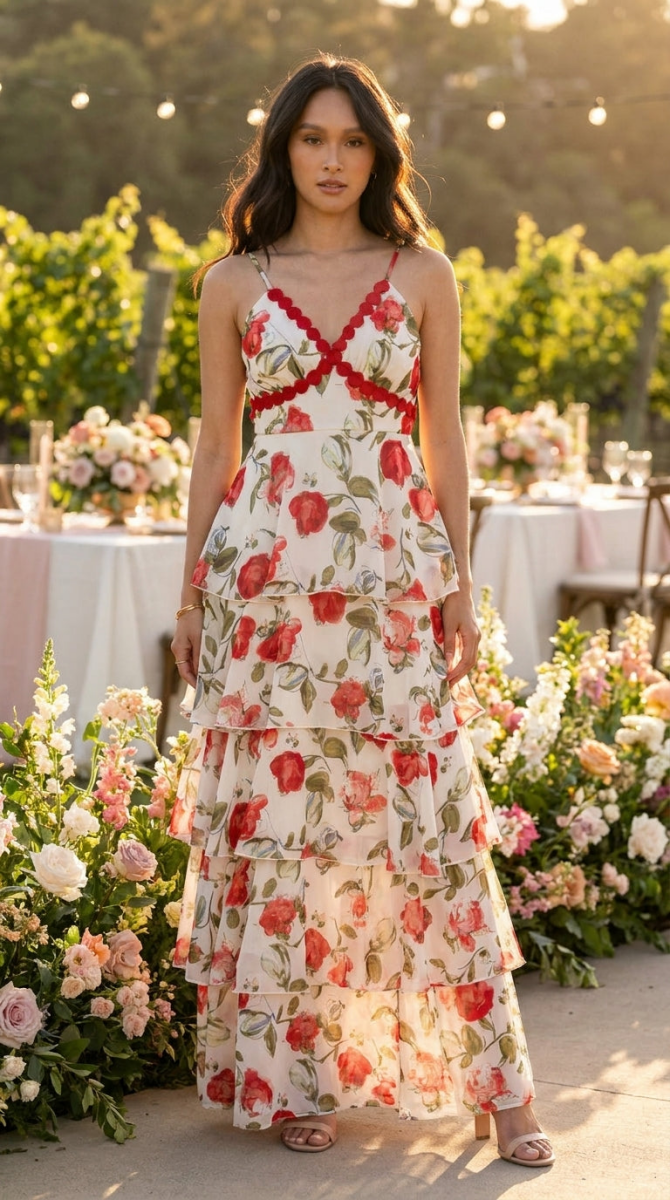 Ivory Red Lace Layered Ruffle Cami Maxi Dress - Women&