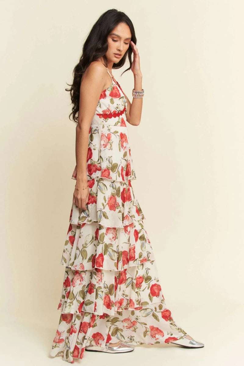 Ivory Red Lace Layered Ruffle Cami Maxi Dress - Women&
