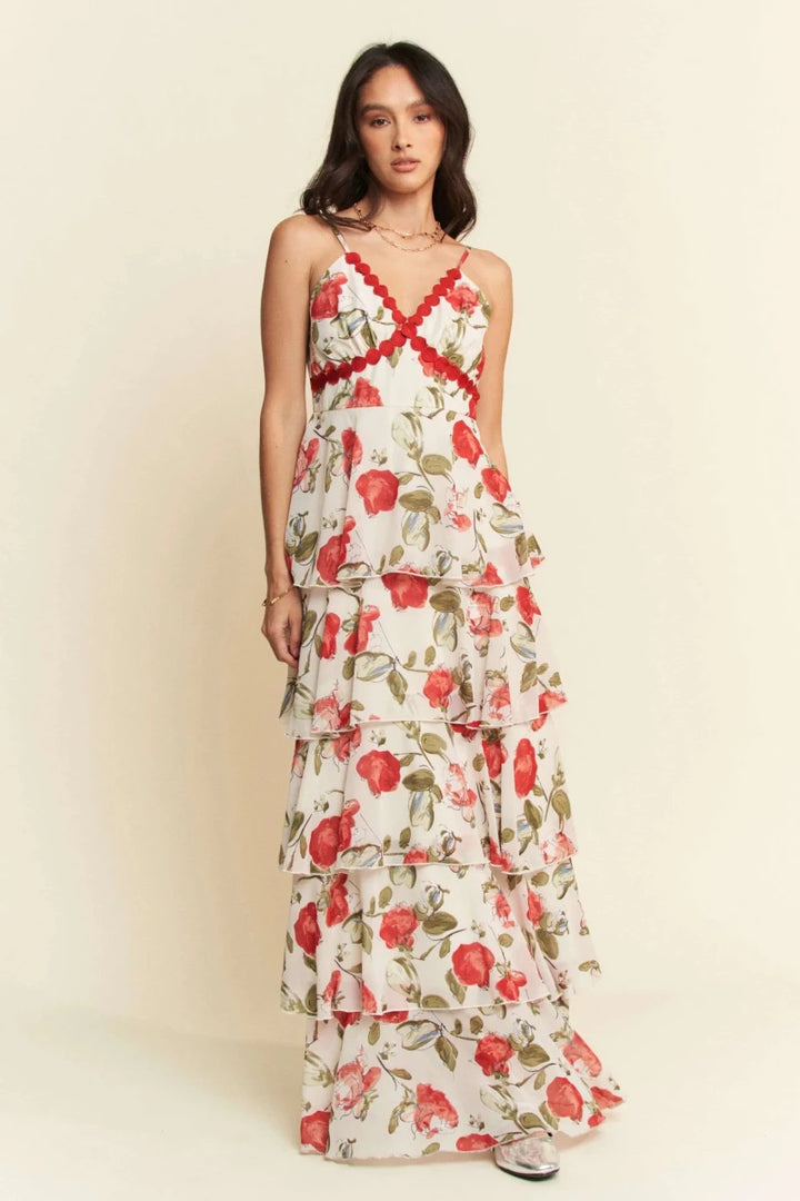 Ivory Red Lace Layered Ruffle Cami Maxi Dress - Women&