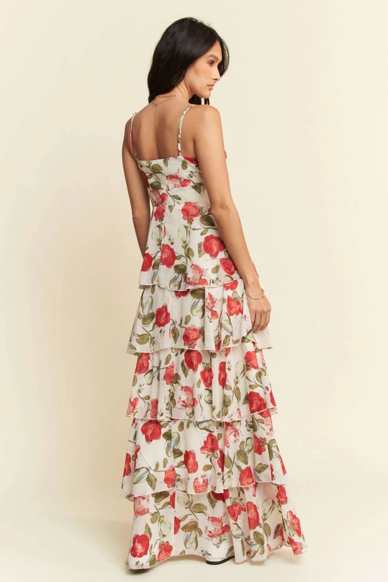 Ivory Red Lace Layered Ruffle Cami Maxi Dress - Women&