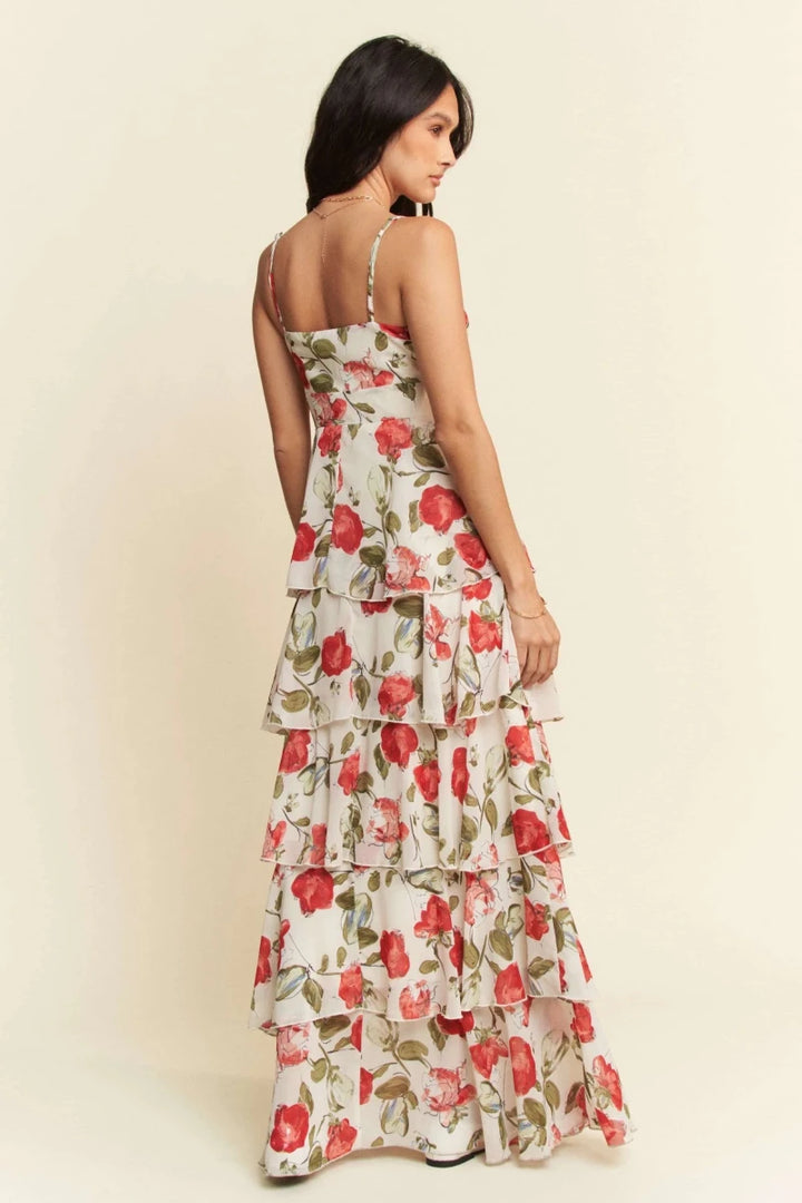 Ivory Red Lace Layered Ruffle Cami Maxi Dress - Women&