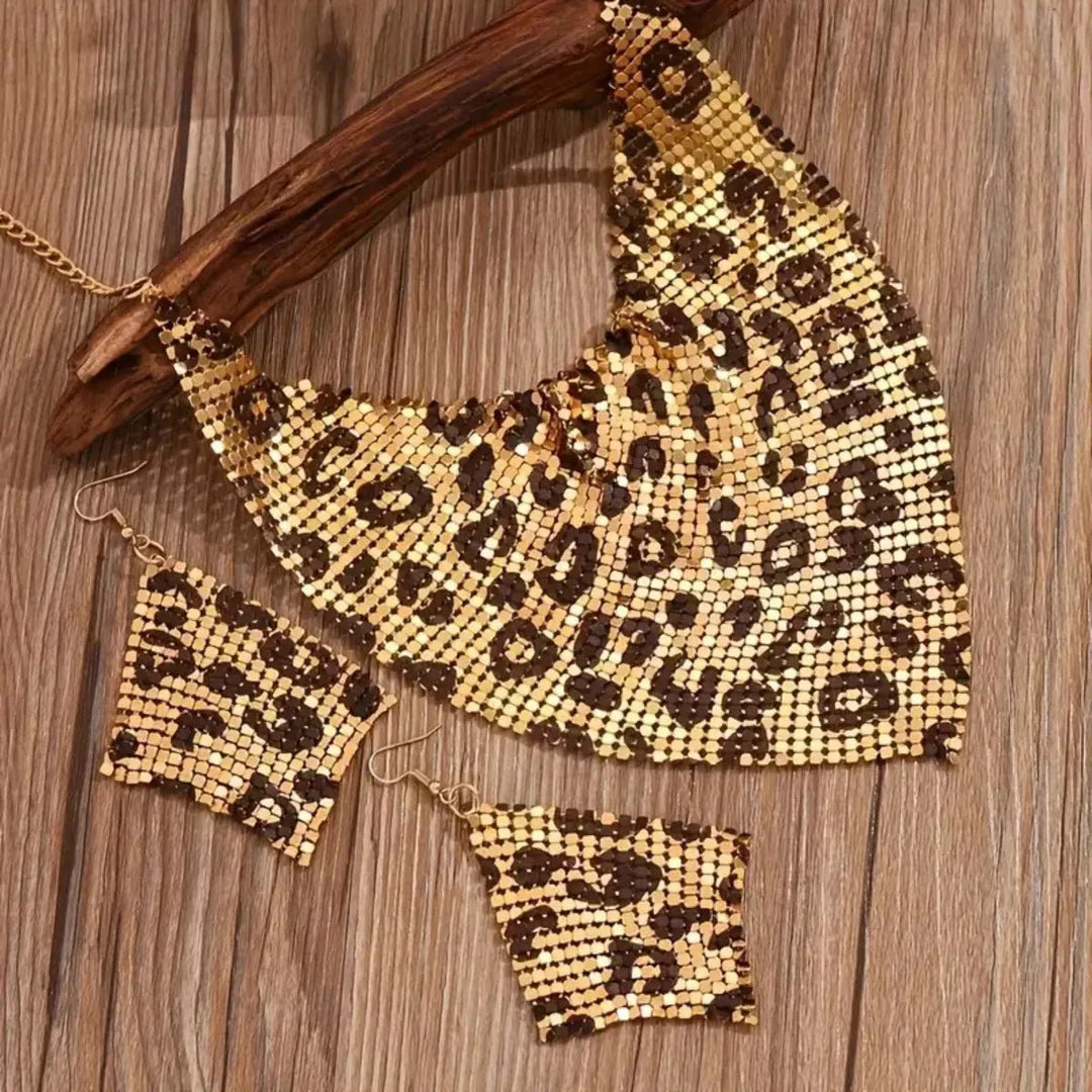 Jewelry Set Leopard Print Gold Plated Statement Necklace Earrings - AMVIM