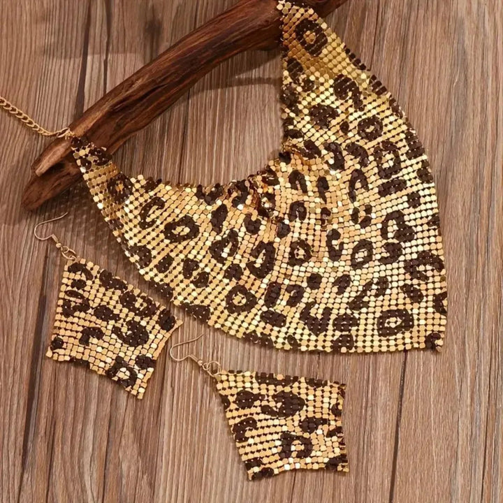 Jewelry Set Leopard Print Gold Plated Statement Necklace Earrings - AMVIM