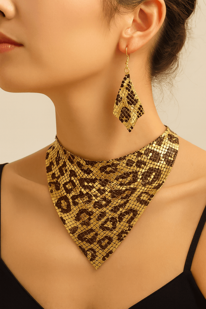 Jewelry Set Leopard Print Gold Plated Statement Necklace Earrings - AMVIM