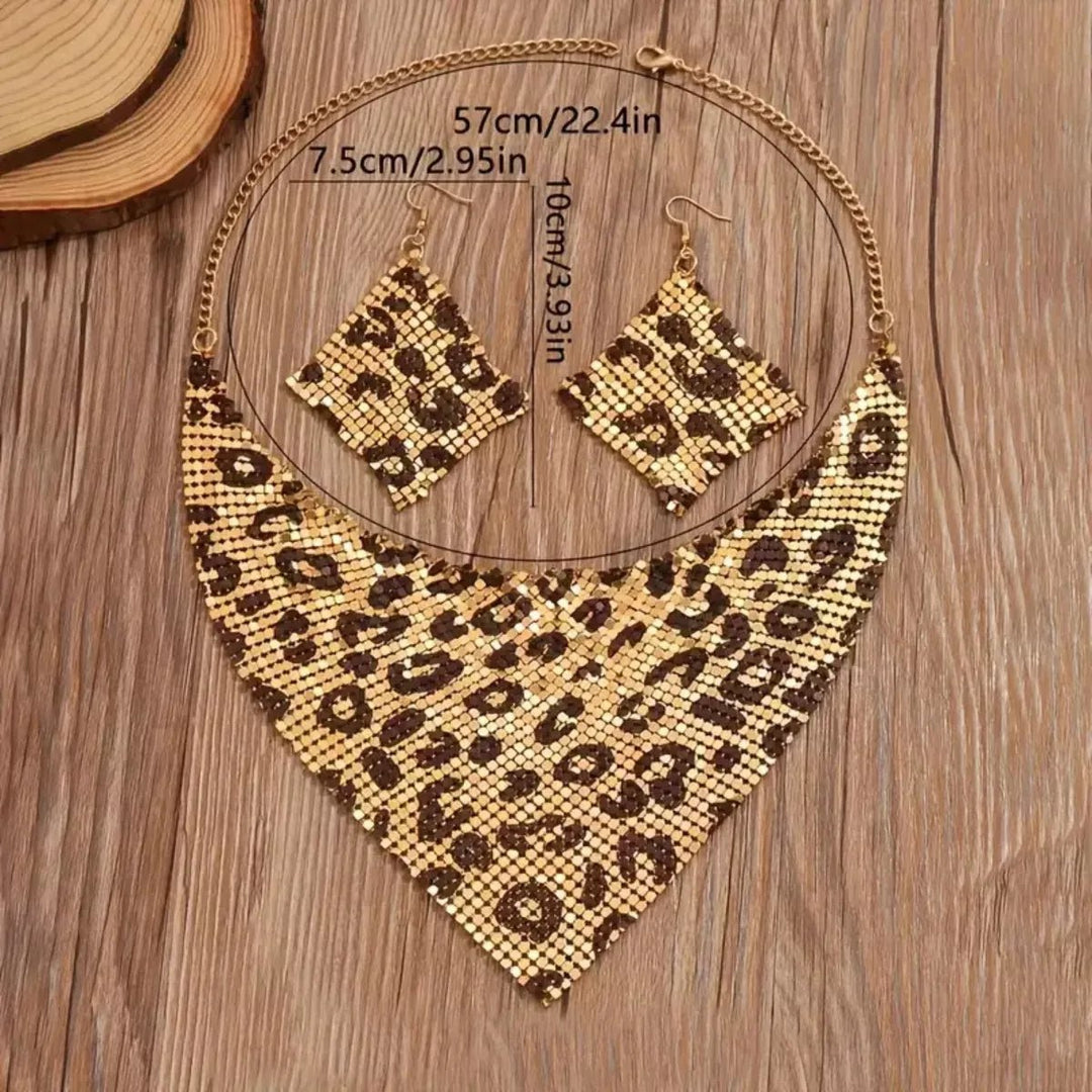 Jewelry Set Leopard Print Gold Plated Statement Necklace Earrings - AMVIM