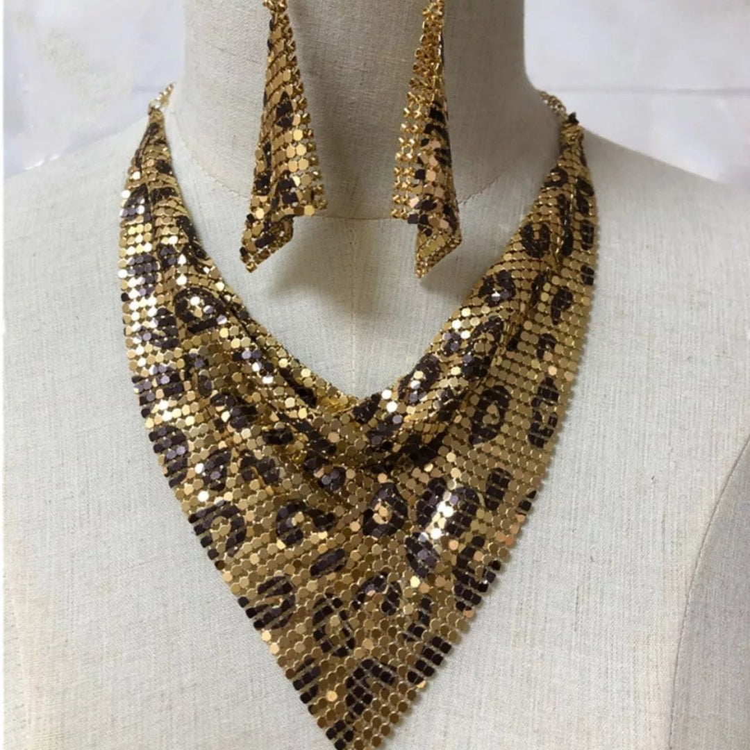 Jewelry Set Leopard Print Gold Plated Statement Necklace Earrings - AMVIM