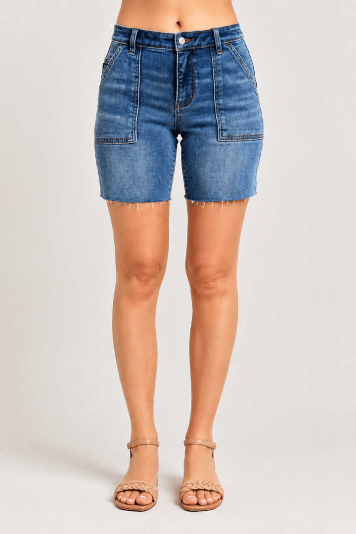 Judy Blue Bermuda Denim Jorts - Plus Size Mid Rise Jean Shorts, Back Flap Pockets - AMVIM