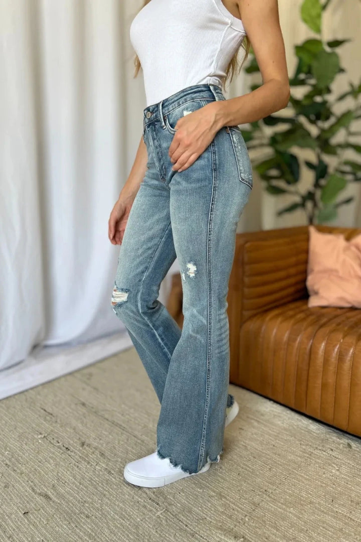 Judy Blue Destroyed Flare Jeans - Medium Rise Distressed Wash - AMVIM