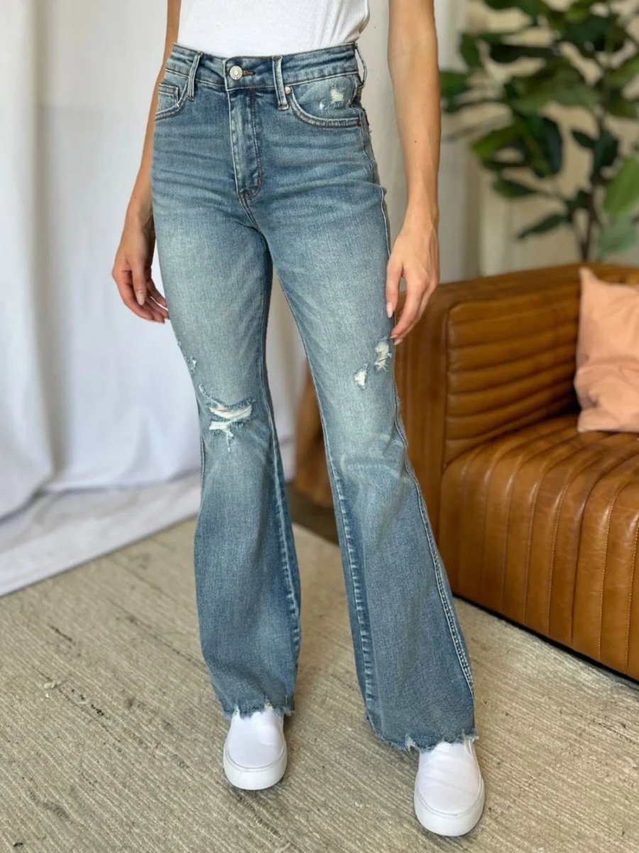 Judy Blue Destroyed Flare Jeans - Medium Rise Distressed Wash - AMVIM