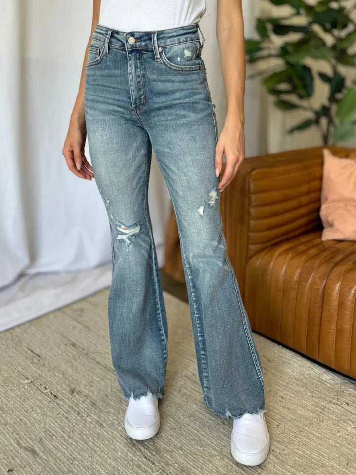 Judy Blue Destroyed Flare Jeans - Medium Rise Distressed Wash - AMVIM