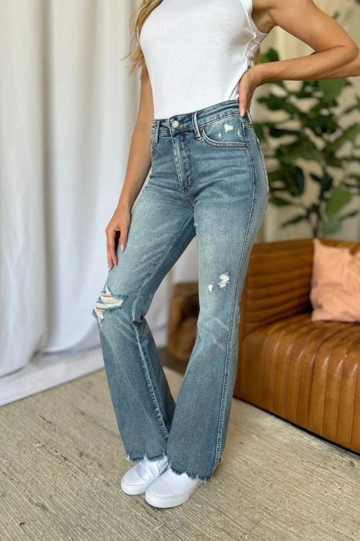 Judy Blue Destroyed Flare Jeans - Medium Rise Distressed Wash - AMVIM