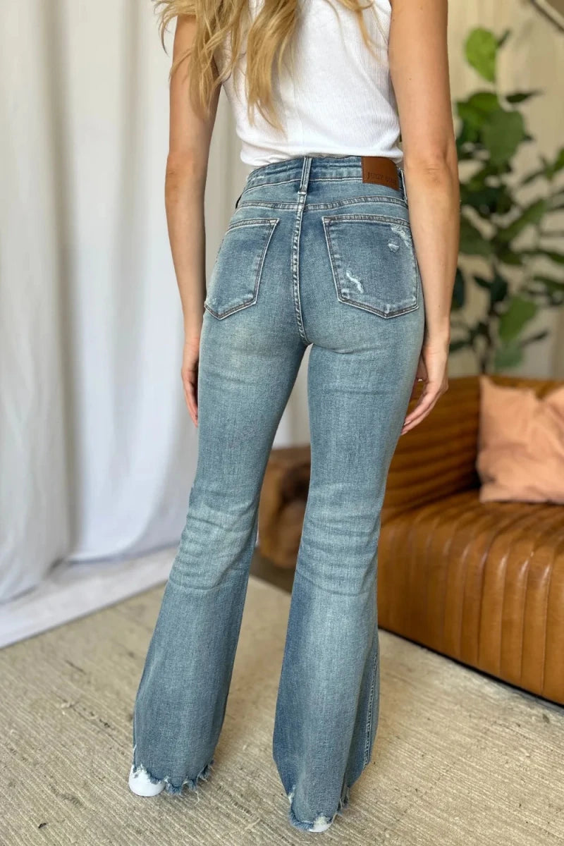 Judy Blue Destroyed Flare Jeans - Medium Rise Distressed Wash - AMVIM