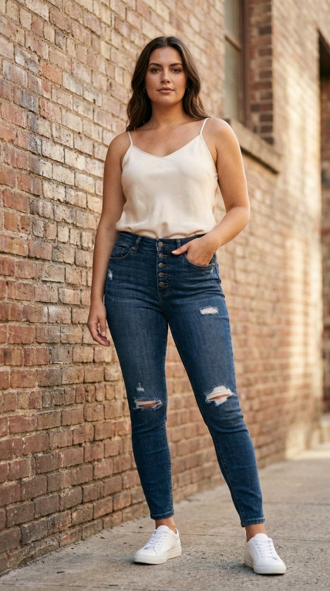 Judy Blue Distressed Slim Fit Denim Jeans - Mid Waist - AMVIM