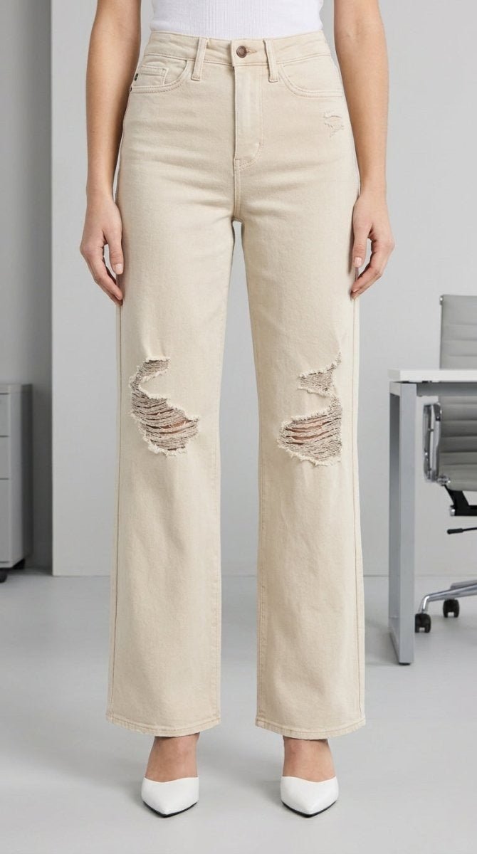 Judy Blue Distressed Wide - Leg Denim Jeans - High Waist White - AMVIM