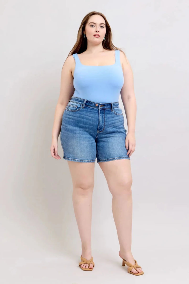 Judy Blue Full Size 2 Button Denim Shorts with Pockets Plus Size - AMVIM