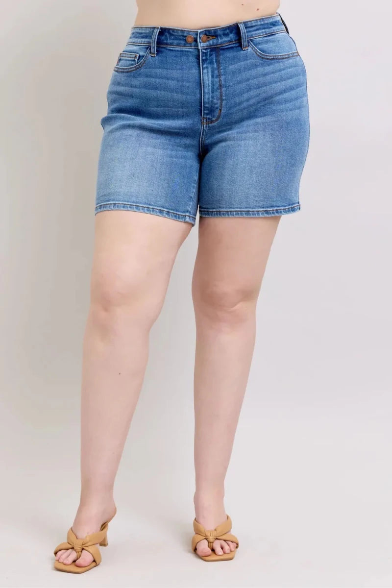 Judy Blue Full Size 2 Button Denim Shorts with Pockets Plus Size - AMVIM