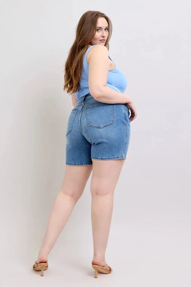Judy Blue Full Size 2 Button Denim Shorts with Pockets Plus Size - AMVIM