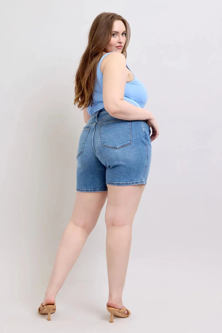 Judy Blue Full Size 2 Button Denim Shorts with Pockets Plus Size - AMVIM