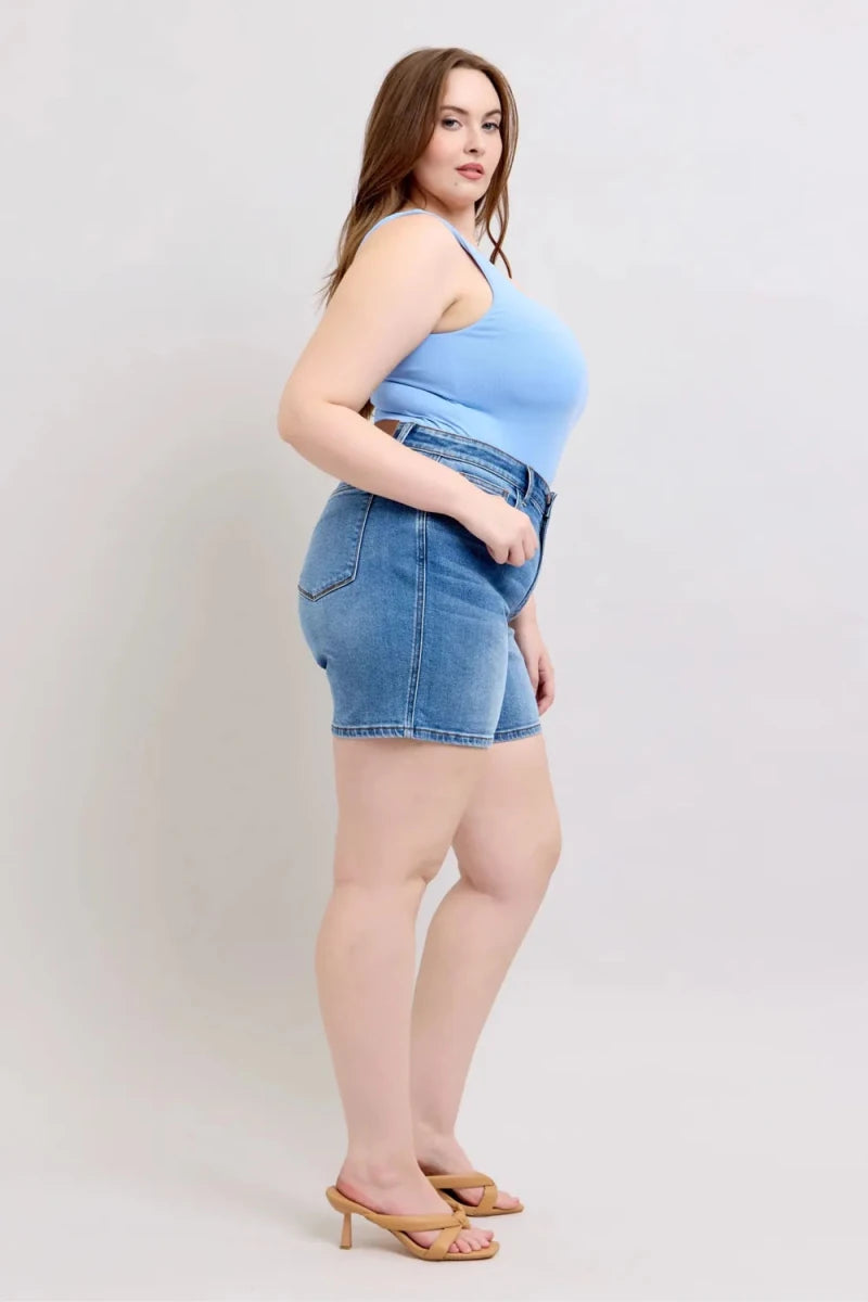Judy Blue Full Size 2 Button Denim Shorts with Pockets Plus Size - AMVIM