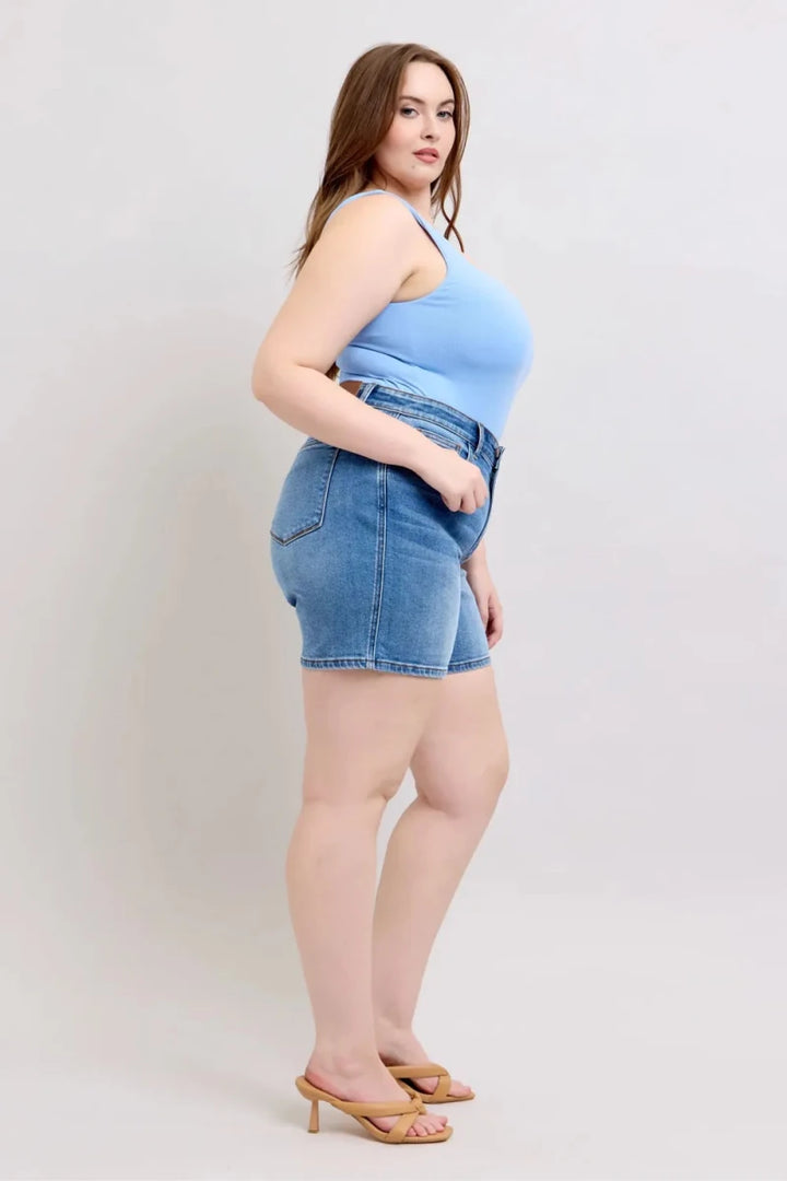 Judy Blue Full Size 2 Button Denim Shorts with Pockets Plus Size - AMVIM