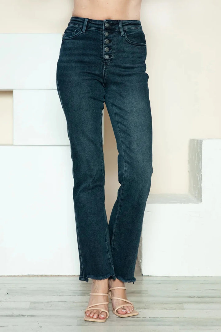 Judy Blue Full Size Button Fly Hem Destroy Straight Jeans - AMVIM