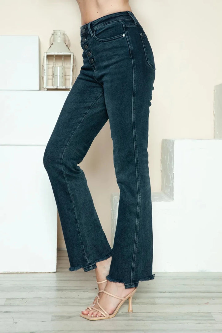 Judy Blue Full Size Button Fly Hem Destroy Straight Jeans - AMVIM