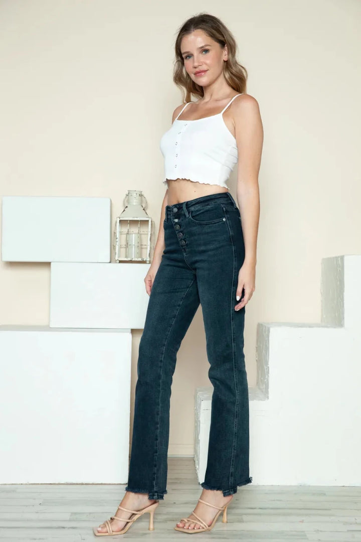 Judy Blue Full Size Button Fly Hem Destroy Straight Jeans - AMVIM