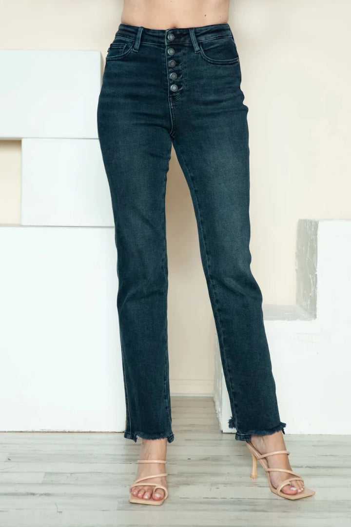 Judy Blue Full Size Button Fly Hem Destroy Straight Jeans - AMVIM