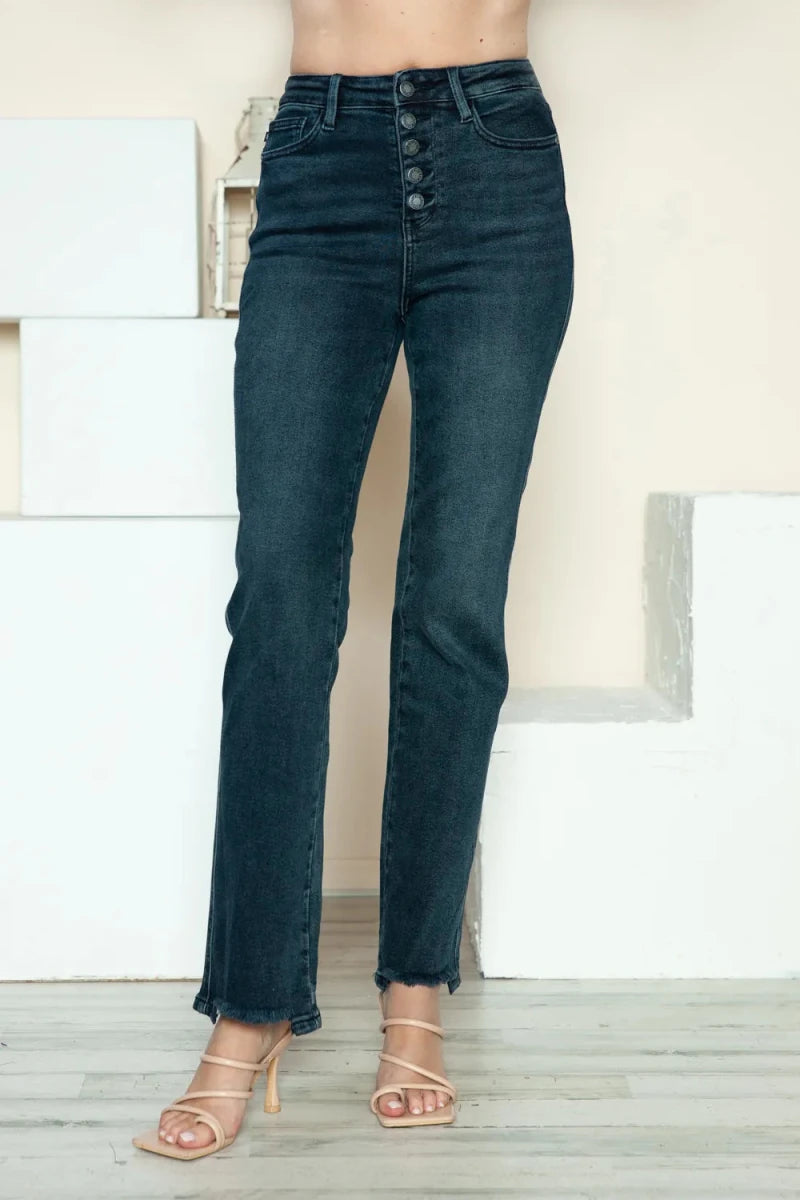 Judy Blue Full Size Button Fly Hem Destroy Straight Jeans - AMVIM