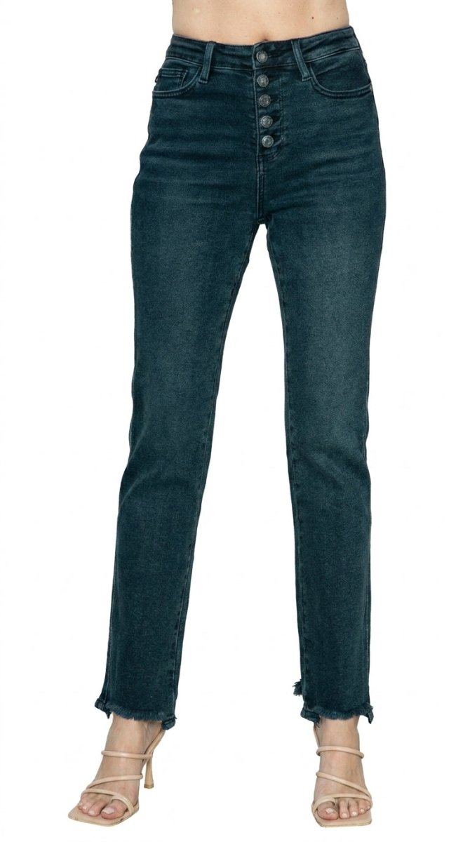 Judy Blue Full Size Button Fly Hem Destroy Straight Jeans - AMVIM