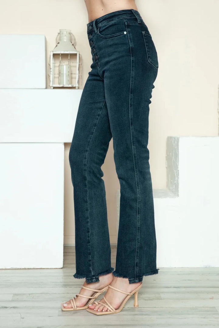 Judy Blue Full Size Button Fly Hem Destroy Straight Jeans - AMVIM