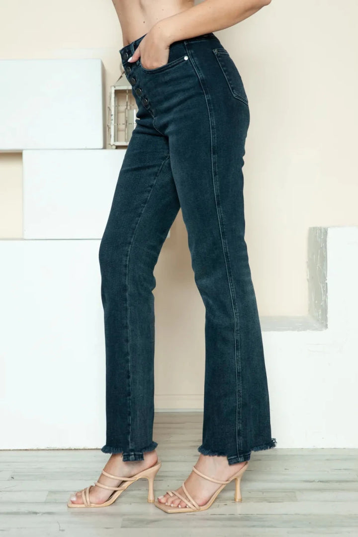 Judy Blue Full Size Button Fly Hem Destroy Straight Jeans - AMVIM