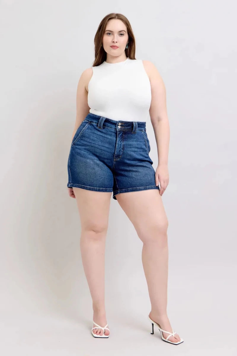 Judy Blue Full Size Double Button Waistband Denim Shorts Plus Size - AMVIM