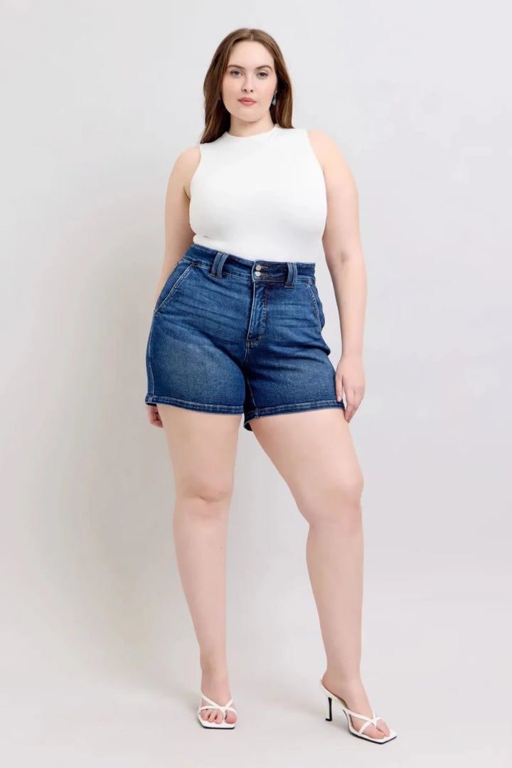 Judy Blue Full Size Double Button Waistband Denim Shorts Plus Size - AMVIM