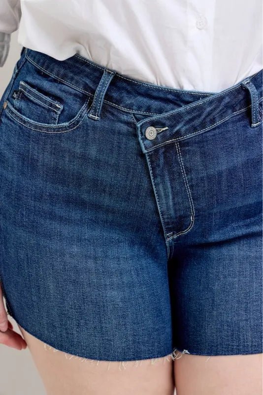 Judy Blue Full Size High Waist Criss-Cross Waistband Denim Shorts Plus Size - AMVIM