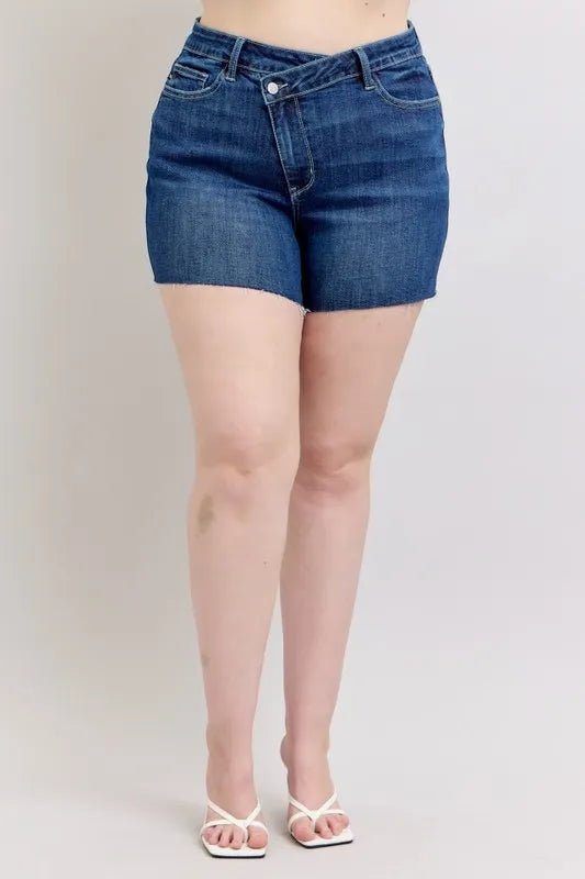 Judy Blue Full Size High Waist Criss-Cross Waistband Denim Shorts Plus Size - AMVIM