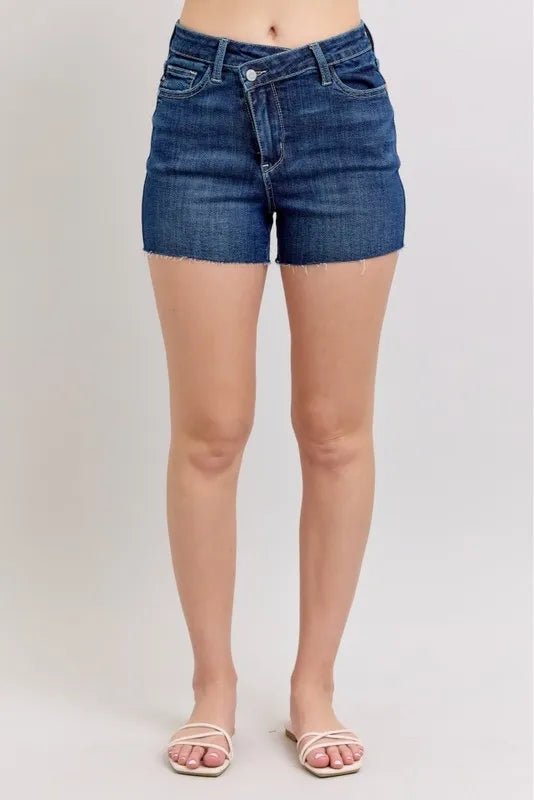 Judy Blue Full Size High Waist Criss-Cross Waistband Denim Shorts Plus Size - AMVIM