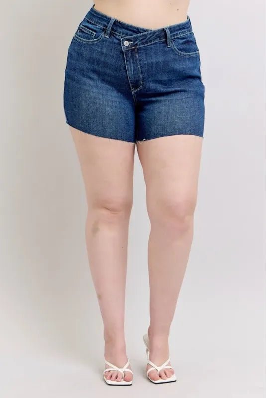 Judy Blue Full Size High Waist Criss-Cross Waistband Denim Shorts Plus Size - AMVIM