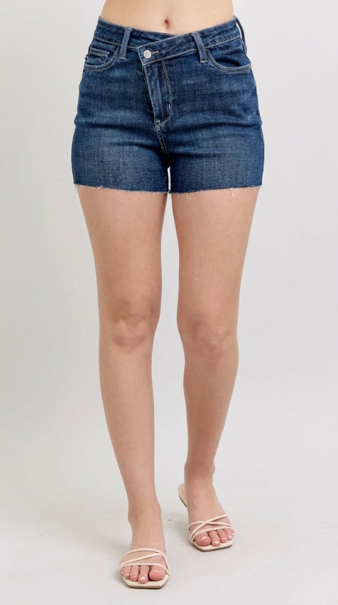 Judy Blue Full Size High Waist Criss-Cross Waistband Denim Shorts Plus Size - AMVIM