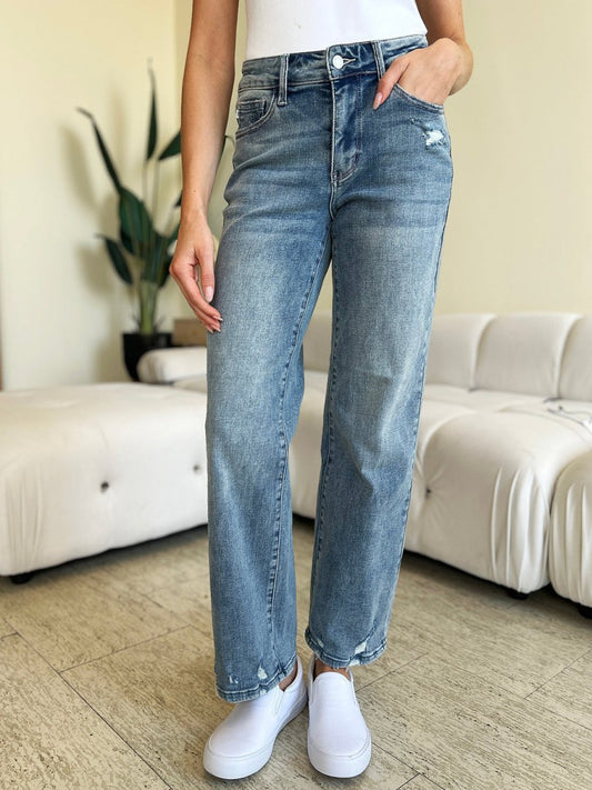 Judy Blue Full Size High Waist Distressed Straight Jeans - AMVIM